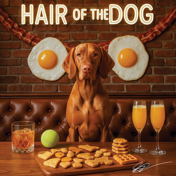 Hair of the Dog Vizsla 011 Ruff & Ready Funny Canine Art neon lights, bacon-woven flair, and egg murals