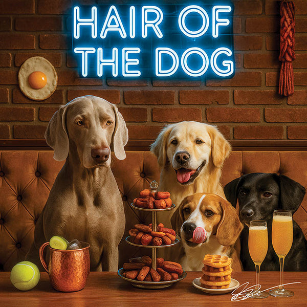 Hair of the Dog Weimaraner 002 Ruff & Ready Funny Canine Art neon lights, bacon-woven flair, and egg murals