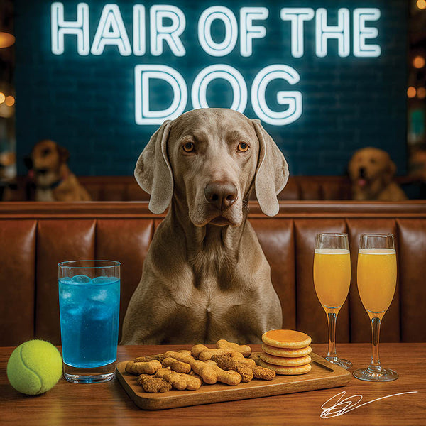 Hair of the Dog Weimaraner 003 Ruff & Ready Funny Canine Art neon lights, bacon-woven flair, and egg murals