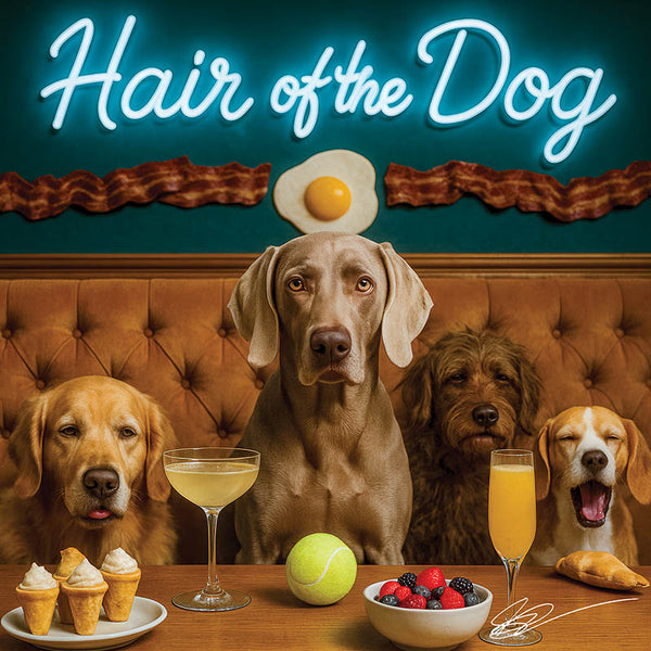 Hair of the Dog Weimaraner 004 Ruff & Ready Funny Canine Art neon lights, bacon-woven flair, and egg murals