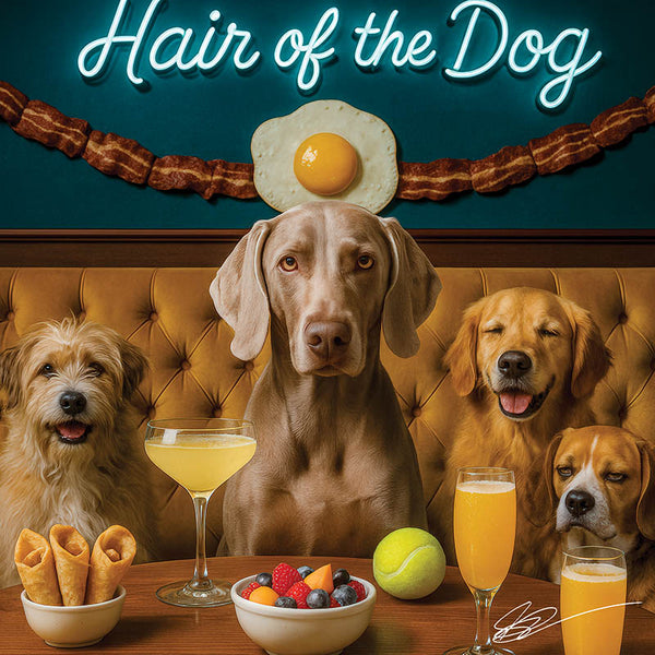 Hair of the Dog Weimaraner 006 Ruff & Ready Funny Canine Art neon lights, bacon-woven flair, and egg murals