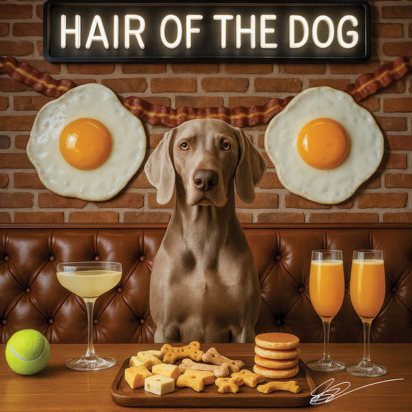 Hair of the Dog Weimaraner 014 Ruff & Ready Funny Canine Art neon lights, bacon-woven flair, and egg murals