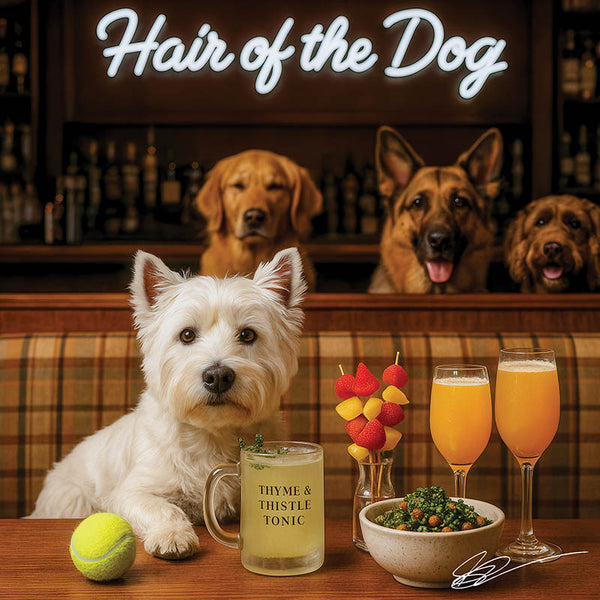 Hair of the Dog West Highland Terrier 004 Ruff & Ready Funny Canine Art neon lights, bacon-woven flair, and egg murals