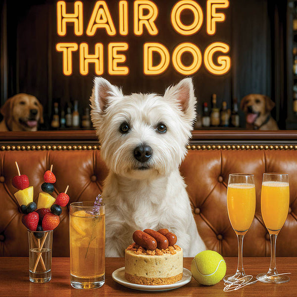 Hair of the Dog West Highland Terrier 007 Ruff & Ready Funny Canine Art neon lights, bacon-woven flair, and egg murals