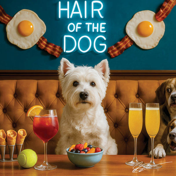 Hair of the Dog West Highland Terrier 008 Ruff & Ready Funny Canine Art neon lights, bacon-woven flair, and egg murals