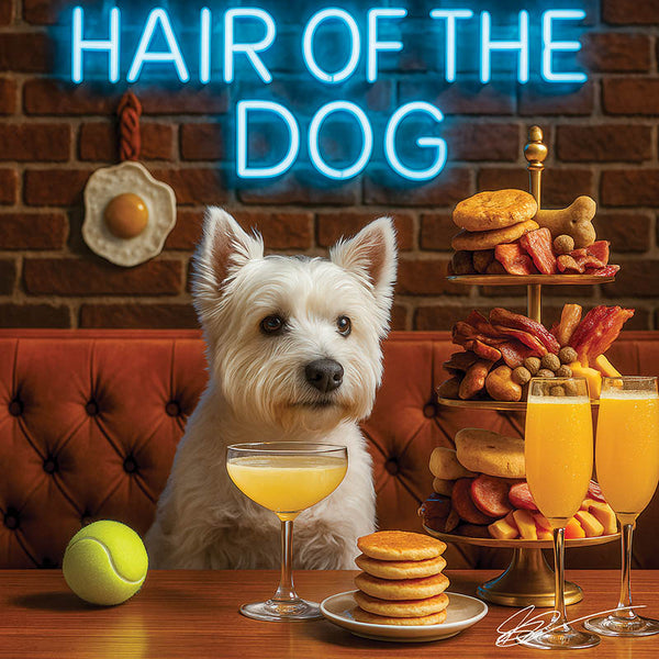 Hair of the Dog West Highland Terrier 010 Ruff & Ready Funny Canine Art neon lights, bacon-woven flair, and egg murals