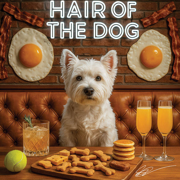 Hair of the Dog West Highland Terrier 011 Ruff & Ready Funny Canine Art neon lights, bacon-woven flair, and egg murals
