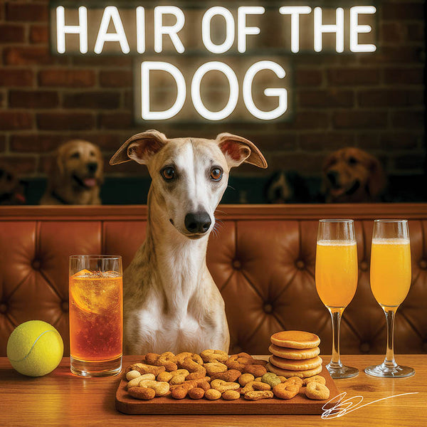 Hair of the Dog Whippet 004 Ruff & Ready Funny Canine Art neon lights, bacon-woven flair, and egg murals
