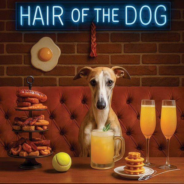 Hair of the Dog Whippet 005 Ruff & Ready Funny Canine Art neon lights, bacon-woven flair, and egg murals