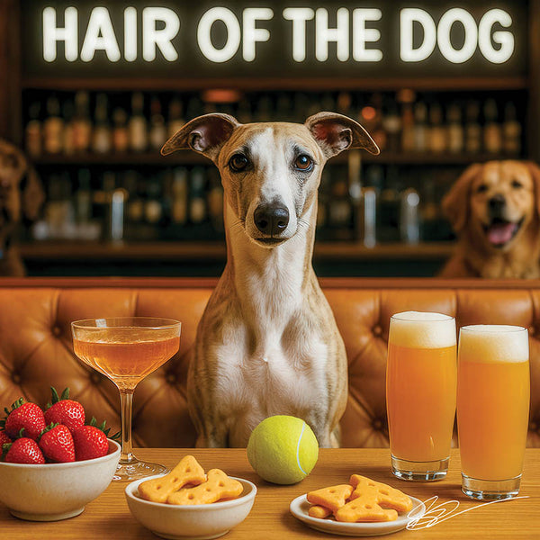 Hair of the Dog Whippet 006 Ruff & Ready Funny Canine Art neon lights, bacon-woven flair, and egg murals
