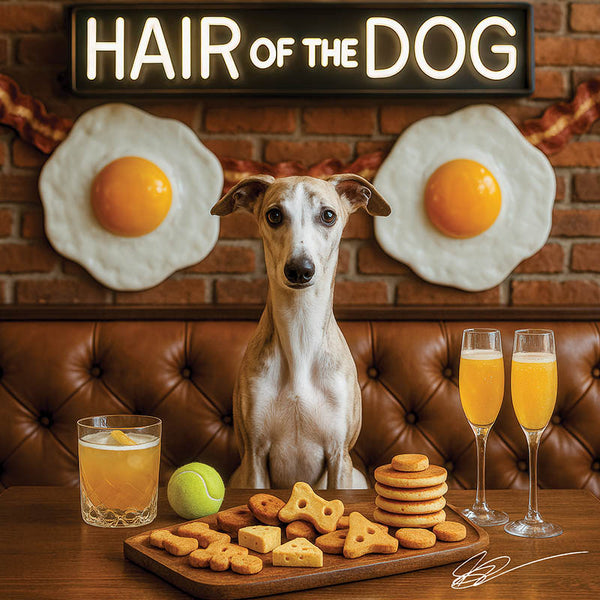 Hair of the Dog Whippet 007 Ruff & Ready Funny Canine Art neon lights, bacon-woven flair, and egg murals