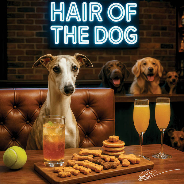 Hair of the Dog Whippet 009 Ruff & Ready Funny Canine Art neon lights, bacon-woven flair, and egg murals