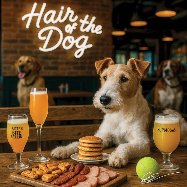 Hair of the Dog Wire Fox Terrier 001 Ruff & Ready Funny Canine Art neon lights, bacon-woven flair, and egg murals