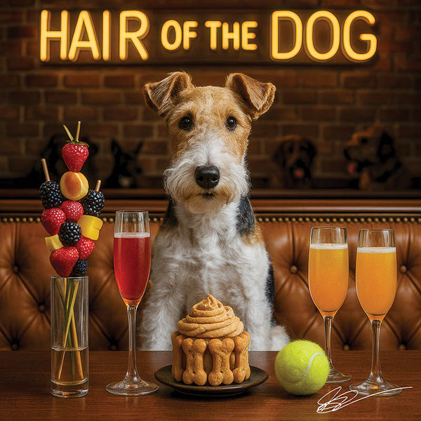 Hair of the Dog Wire Fox Terrier 002 Ruff & Ready Funny Canine Art neon lights, bacon-woven flair, and egg murals