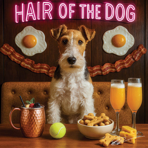 Hair of the Dog Wire Fox Terrier 004 Ruff & Ready Funny Canine Art neon lights, bacon-woven flair, and egg murals