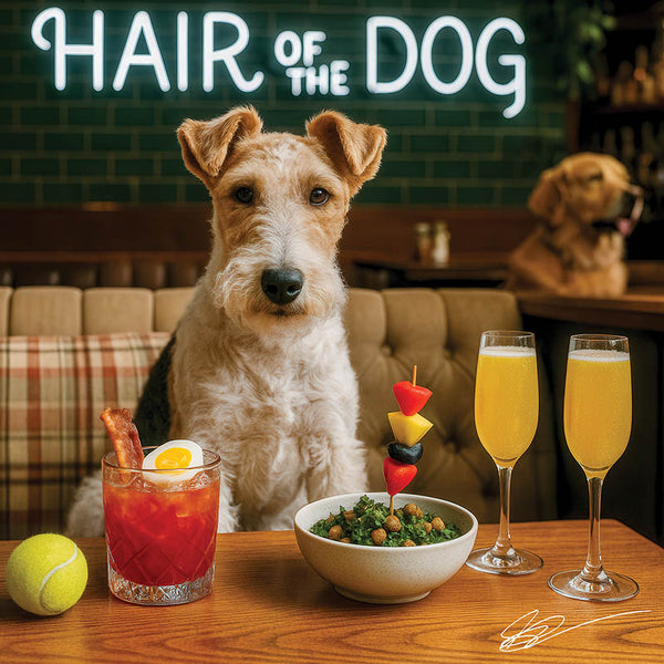 Hair of the Dog Wire Fox Terrier 005 Ruff & Ready Funny Canine Art neon lights, bacon-woven flair, and egg murals