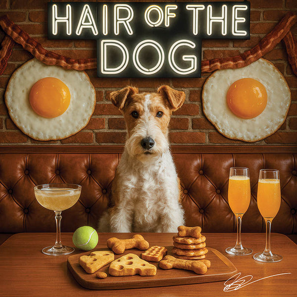 Hair of the Dog Wire Fox Terrier 013 Ruff & Ready Funny Canine Art neon lights, bacon-woven flair, and egg murals