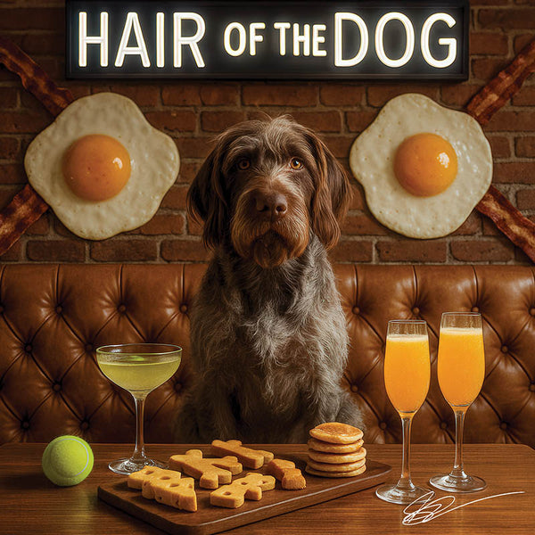 Hair of the Dog Wirehaired Pointing Griffon 003 Ruff & Ready Funny Canine Art neon lights, bacon-woven flair, and egg murals