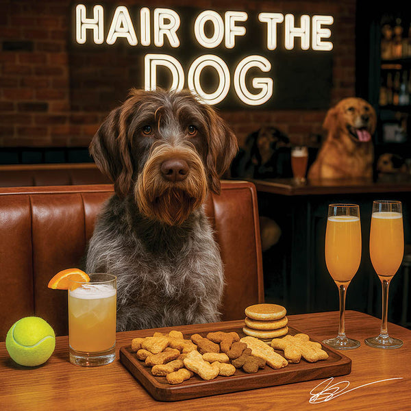Hair of the Dog Wirehaired Pointing Griffon 010 Ruff & Ready Funny Canine Art neon lights, bacon-woven flair, and egg murals