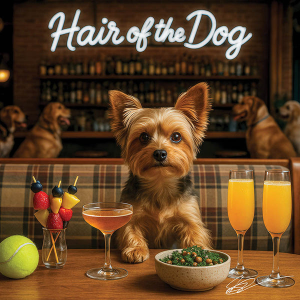 Hair of the Dog Yorkshire Terrier 007 Ruff & Ready Funny Canine Art neon lights, bacon-woven flair, and egg murals