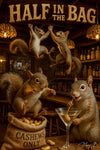 Four squirrels in a tree-hollow bar grabbing cashews and sipping from a martini glass under a “Half in the Bag II” sign
