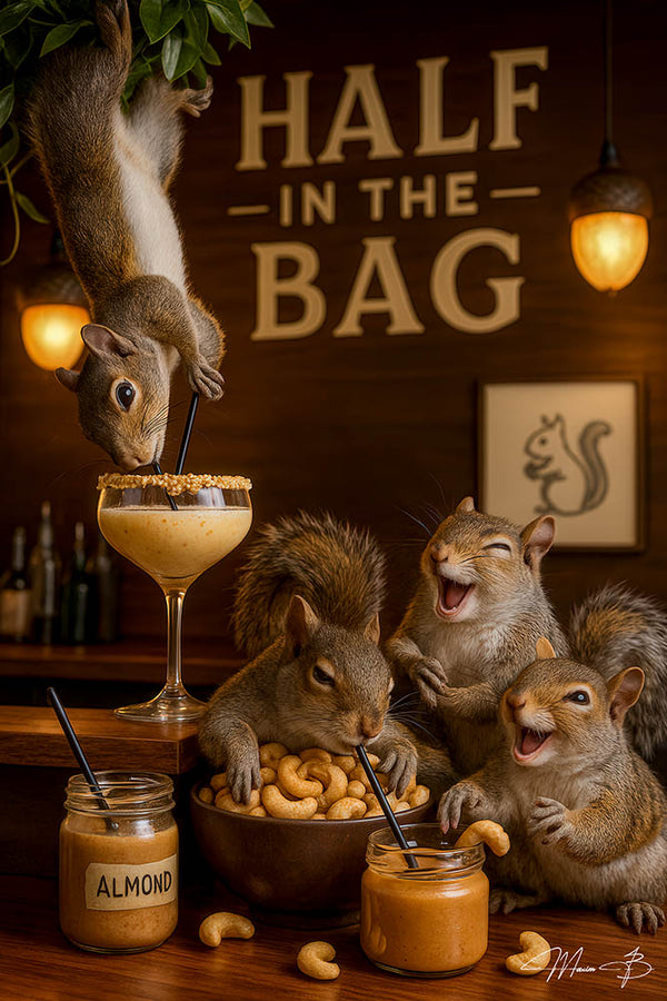 Four squirrels enjoying cashews and almond butter cocktails at a tree-trunk bar under a “Half in the Bag” sign