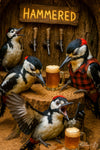 Humorous woodpecker artwork showing birds drinking beer and celebrating at a rustic bark bar labeled Hammered