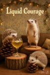 Three hedgehogs in a cozy bar-like setting with wood and pinecone decor, sipping a flower-garnished cocktail – whimsical and funny animal wall art