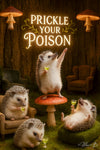 Whimsical hedgehog cocktail party under glowing mushroom lights with forest decor and tiny green drinks – humorous and detailed metal print