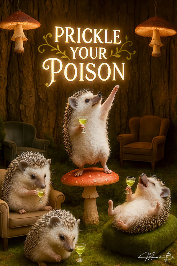 Whimsical hedgehog cocktail party under glowing mushroom lights with forest decor and tiny green drinks – humorous and detailed metal print