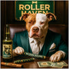High-Roller Haven metal print featuring a stylish Pitbull dog in a vintage casino lounge with themed cigars and drinks