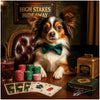 High Stakes Hideaway metal print depicting a Papillon dog at an upscale poker table with drink and poker chips