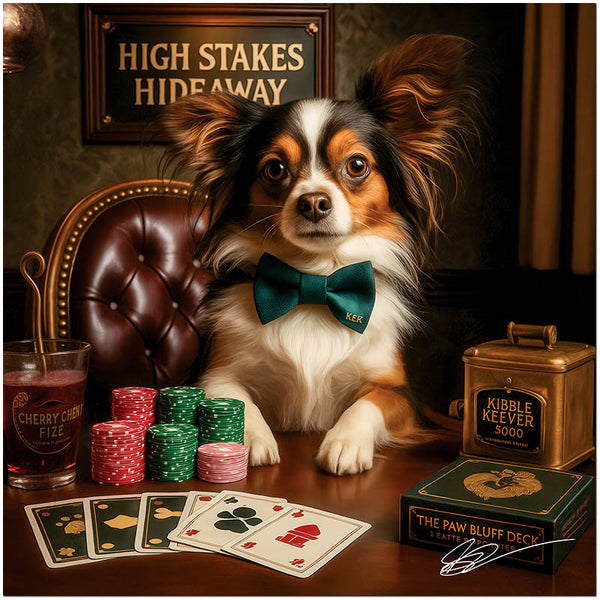 High Stakes Hideaway metal print depicting a Papillon dog at an upscale poker table with drink and poker chips