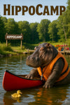 Funny hippopotamus canoeing with duckling at campground pun artwork