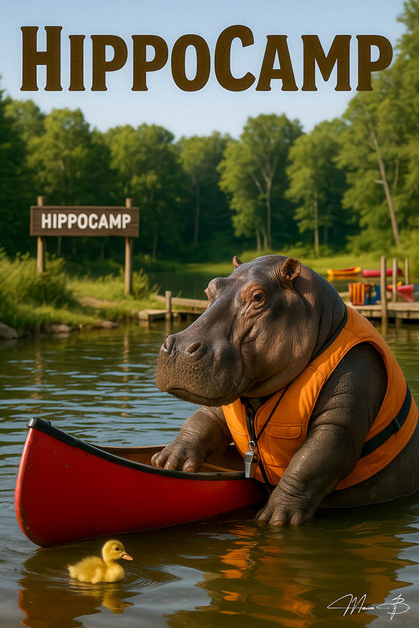Funny hippopotamus canoeing with duckling at campground pun artwork