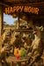 Five laughing hyenas at a rustic safari bar with colorful cocktails under a “Happy Hour” sign