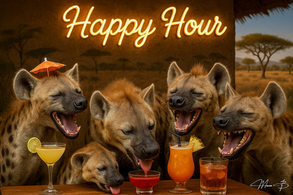 Five hyenas at a safari bar laughing with colorful cocktails under a “Happy Hour” sign