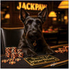 scottish terrier behind reserved for jackpaw mcluck plaque with stacks of poker chips
