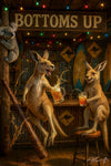 Two kangaroos drinking beer in a rustic Australian bar under a “BOTTOMS UP” sign with a koala watching, surfboards and boomerang signs in the background