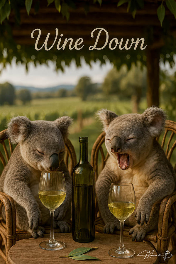 Two koalas in wicker chairs with wine glasses and a bottle under a leafy pergola in a vineyard