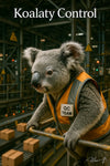 Koala in safety vest inspecting factory production line humorous artwork