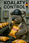 Koala wearing helmet inspecting snacks humorously eating chips artwork