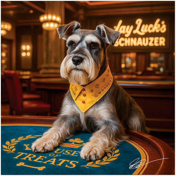 Sophisticated Schnauzer dog in yellow casino bandana at luxury gaming table