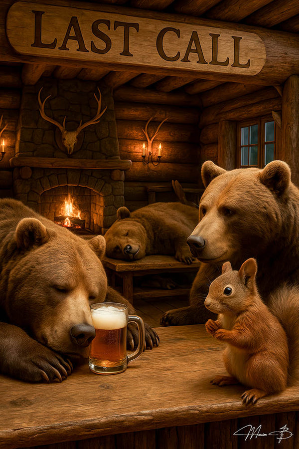 Bear and squirrel at a log-cabin bar “Last Call” Metal Print