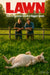 Funny goat lying belly-up on grass with text LAWN You’re gonna need a bigger goat