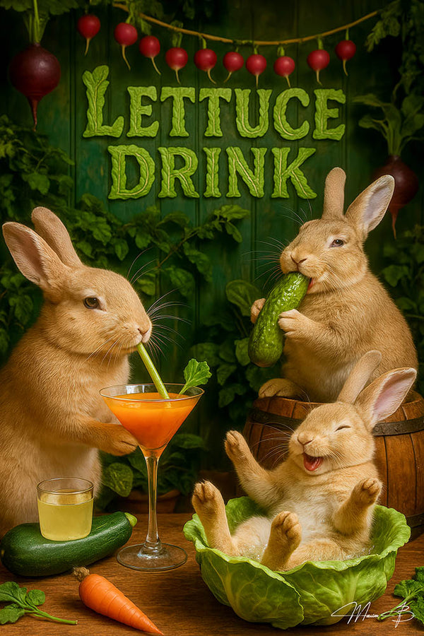 Three rabbits in a vegetable bar scene: one sipping a carrot cocktail with celery, one biting a cucumber, and one laughing in a lettuce-leaf bowl under hanging radishes