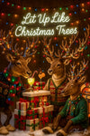 Three deer in holiday sweaters with antlers wrapped in Christmas lights enjoying drinks around a stack of gifts