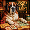 Saint Bernard enjoying a casino night surrounded by humorous dog-themed playing cards and treats in Lucky 7 Saint