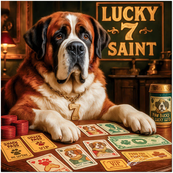Saint Bernard enjoying a casino night surrounded by humorous dog-themed playing cards and treats in Lucky 7 Saint