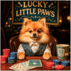 Lucky Little Paws metal print of an elegant Pomeranian dog seated at a poker table with poker chips, playful cards, and a cup of Tail Tea